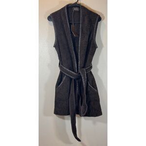 NWT Sherry Nikka Sherpa 100% Leather Trim Open Front Tie Vest Cardigan
